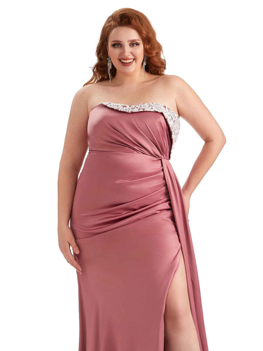 Plus Size Sexy Side Slit Strapless Mermaid Lace Soft Satin Size Maid of Honor Dresses