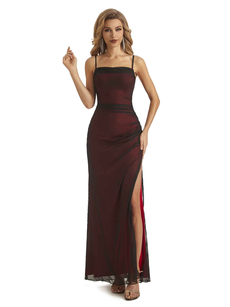 Sexy Side Slit Red and Black Spaghetti Straps Long Formal Prom Dresses