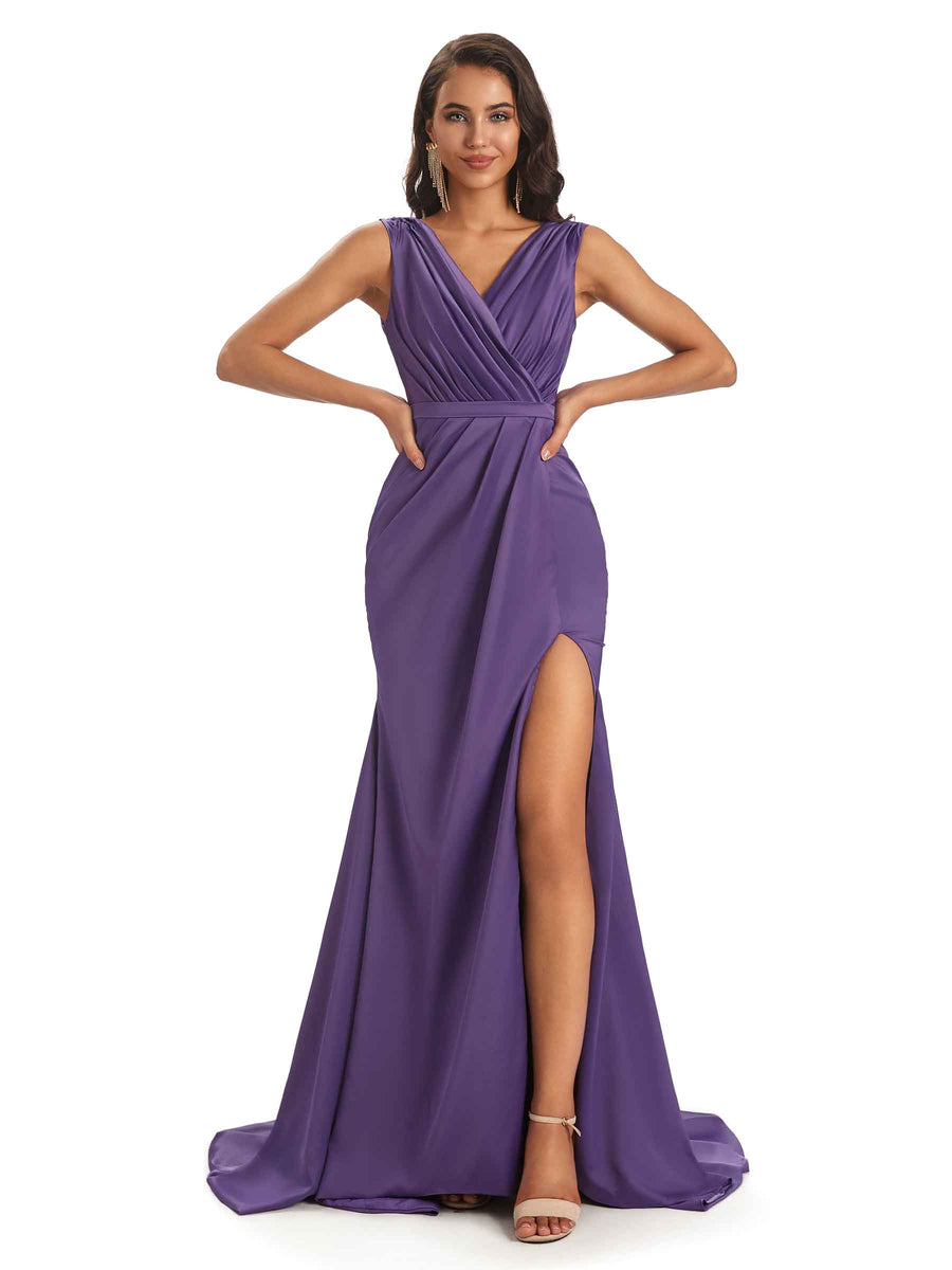 Sexy Soft Satin Side Slit V-neck Unique Long Mermaid Bridesmaid Dresses