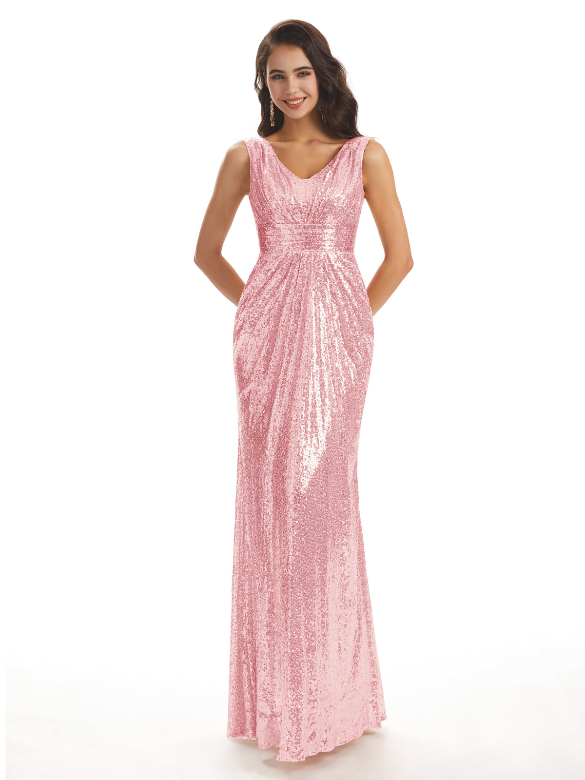 Sparkly V-neck Sequin Long Mermaid Bridesmaid Dresses Online