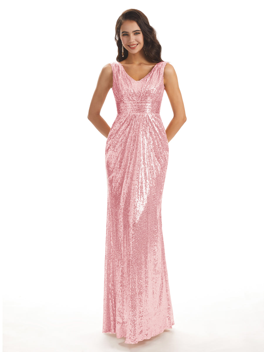 Sparkly V-neck Sequin Long Mermaid Bridesmaid Dresses Online