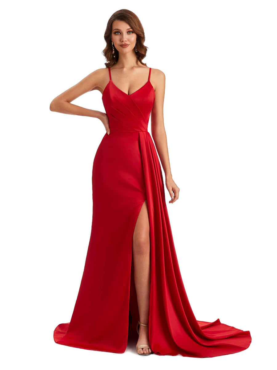 Sexy Soft Satin Spaghetti Straps Pleats Side Slit Long Mermaid Bridesmaid Gown