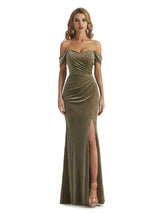 Elegant Mermaid Off The Shoulder Ruched Velvet Winter Long Wedding Guest Dresses