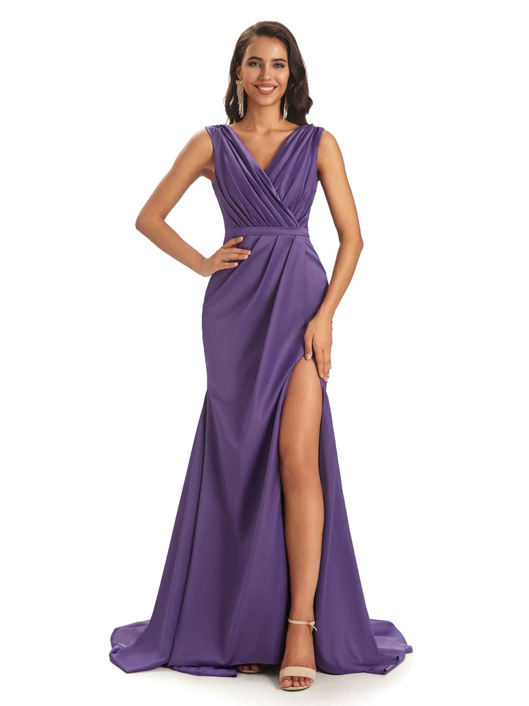 Sexy Mermaid V-neck Long Pretty Satin Maxi Evening Prom Dresses With Slit Sale