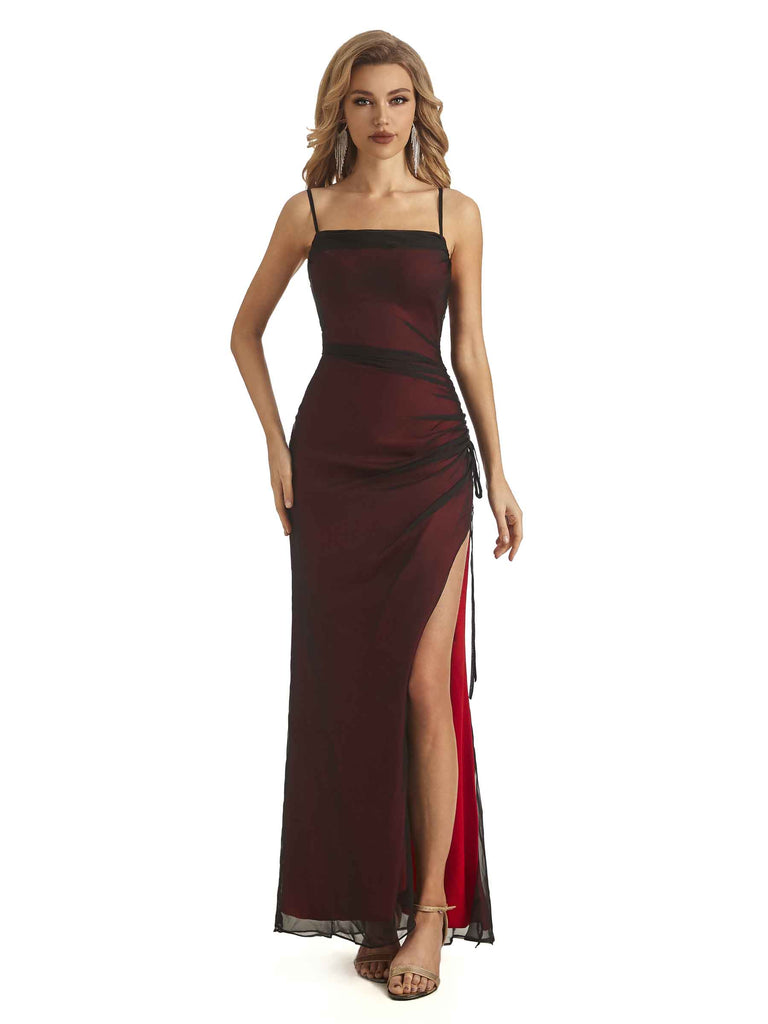 Sexy Side Slit Red and Black Spaghetti Straps Long Formal Prom Dresses