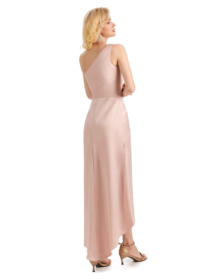 Unique Satin One Shoulder Asymmetrical High Low Midi Mermaid Bridesmaid Dresses