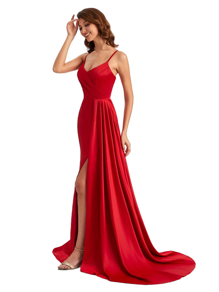Sexy Soft Satin Spaghetti Straps Pleats Side Slit Long Mermaid Bridesmaid Gown