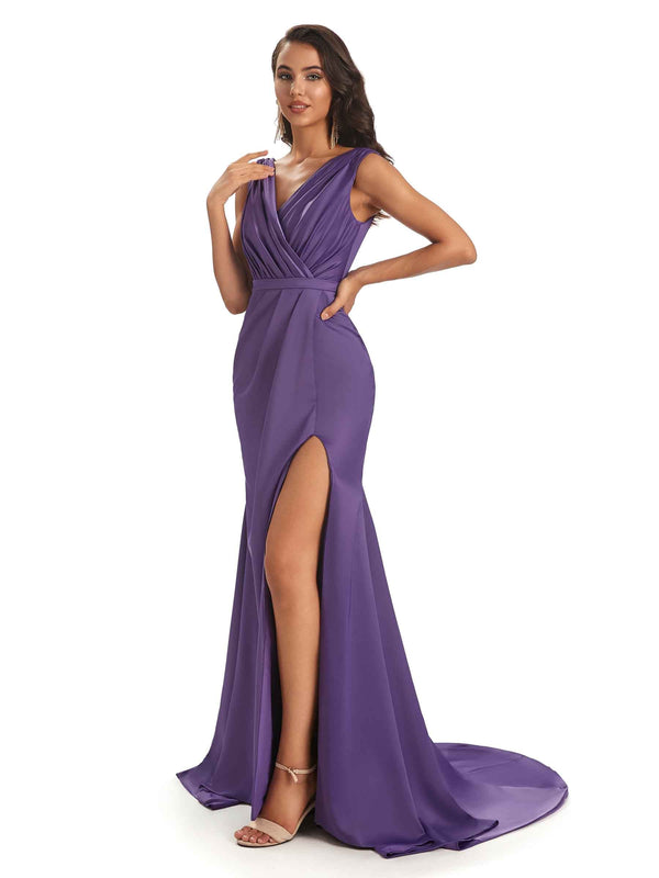 Sexy Mermaid V-neck Long Pretty Satin Maxi Evening Prom Dresses With Slit Sale