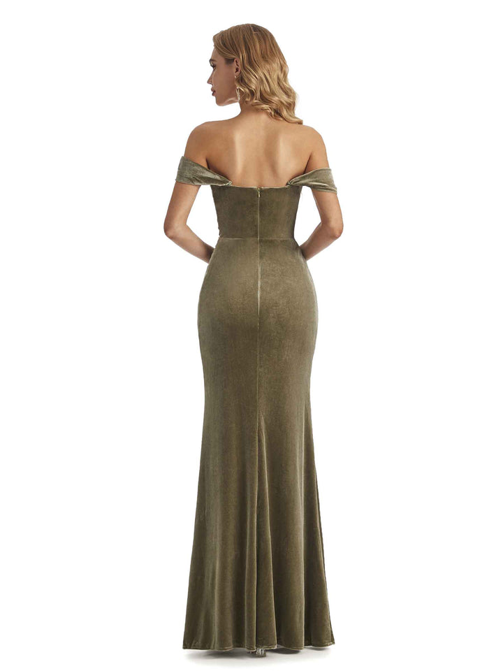Elegant Mermaid Off The Shoulder Ruched Velvet Winter Long Wedding Guest Dresses