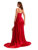 Sexy Soft Satin Spaghetti Straps Pleats Side Slit Long Mermaid Bridesmaid Gown
