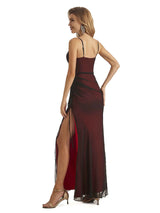 Sexy Side Slit Red and Black Spaghetti Straps Long Formal Prom Dresses