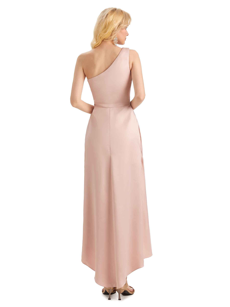 Unique Satin One Shoulder Asymmetrical High Low Midi Mermaid Bridesmaid Dresses