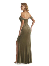 Elegant Mermaid Off The Shoulder Ruched Velvet Winter Long Wedding Guest Dresses