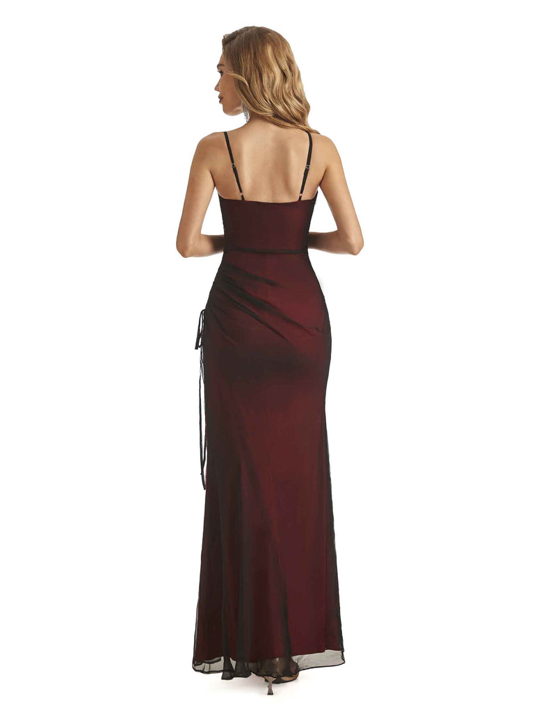Sexy Side Slit Red and Black Spaghetti Straps Long Formal Prom Dresses