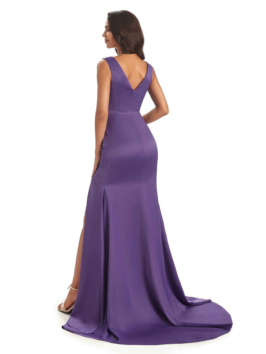 Sexy Soft Satin Side Slit V-neck Unique Long Mermaid Bridesmaid Dresses