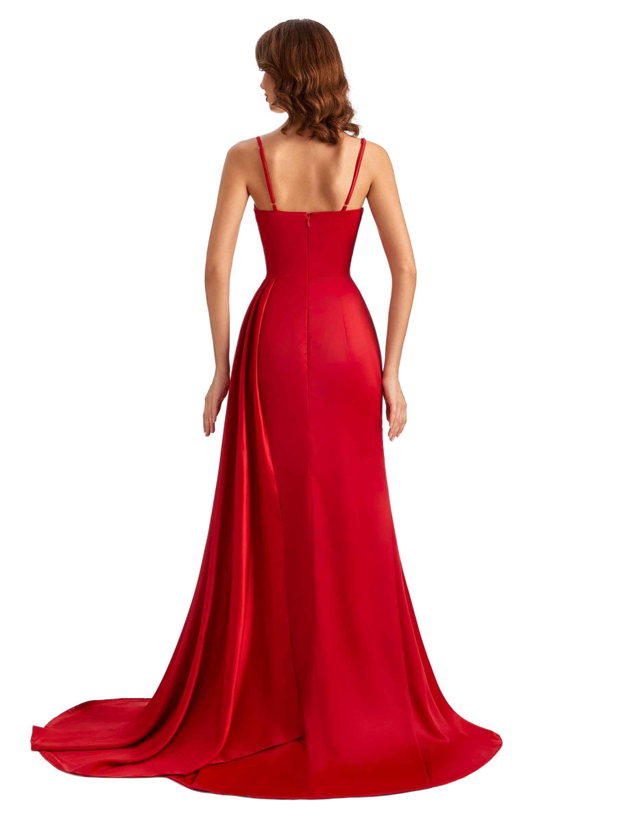Sexy Soft Satin Spaghetti Straps Pleats Side Slit Long Mermaid Bridesmaid Gown