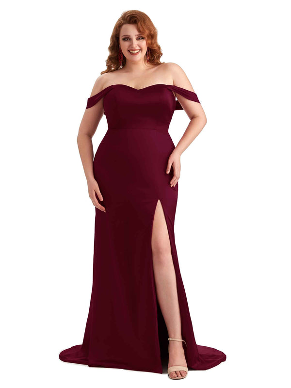 Simple Side Slit Off-Shoulder Mermaid Soft Satin Long Plus Size Maid of