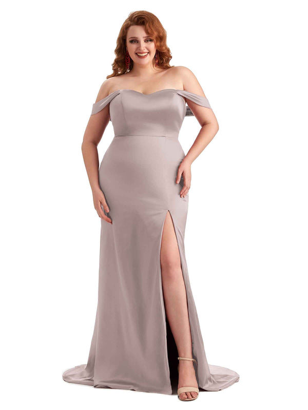 Simple Side Slit Off-Shoulder Mermaid Soft Satin Long Plus Size Maid of