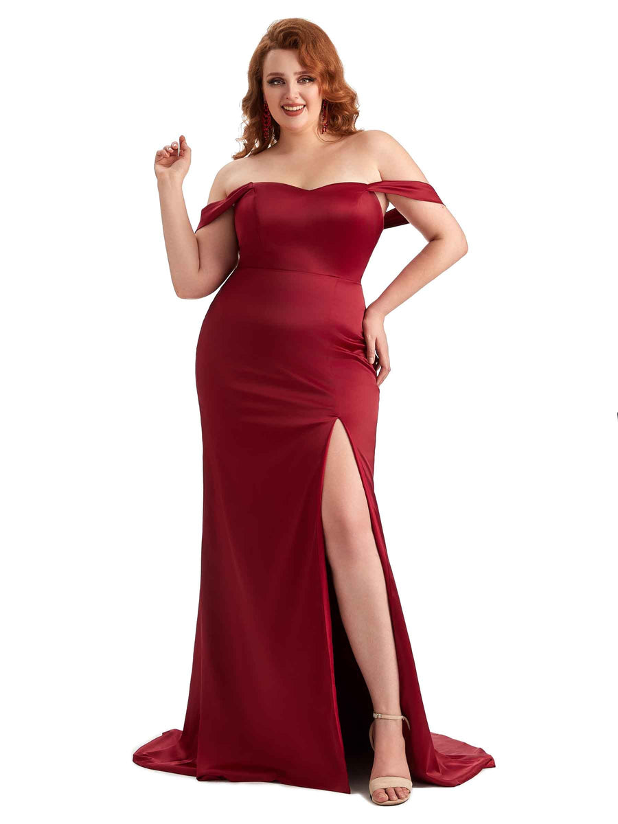 Simple Side Slit Off The Shoulder Mermaid Soft Satin Long Plus Size Maid of Honor Dresses