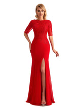 Elegant Mermaid Chiffon Side Slit Half Sleeves Lace Long Mother of the Brides Dresses Online
