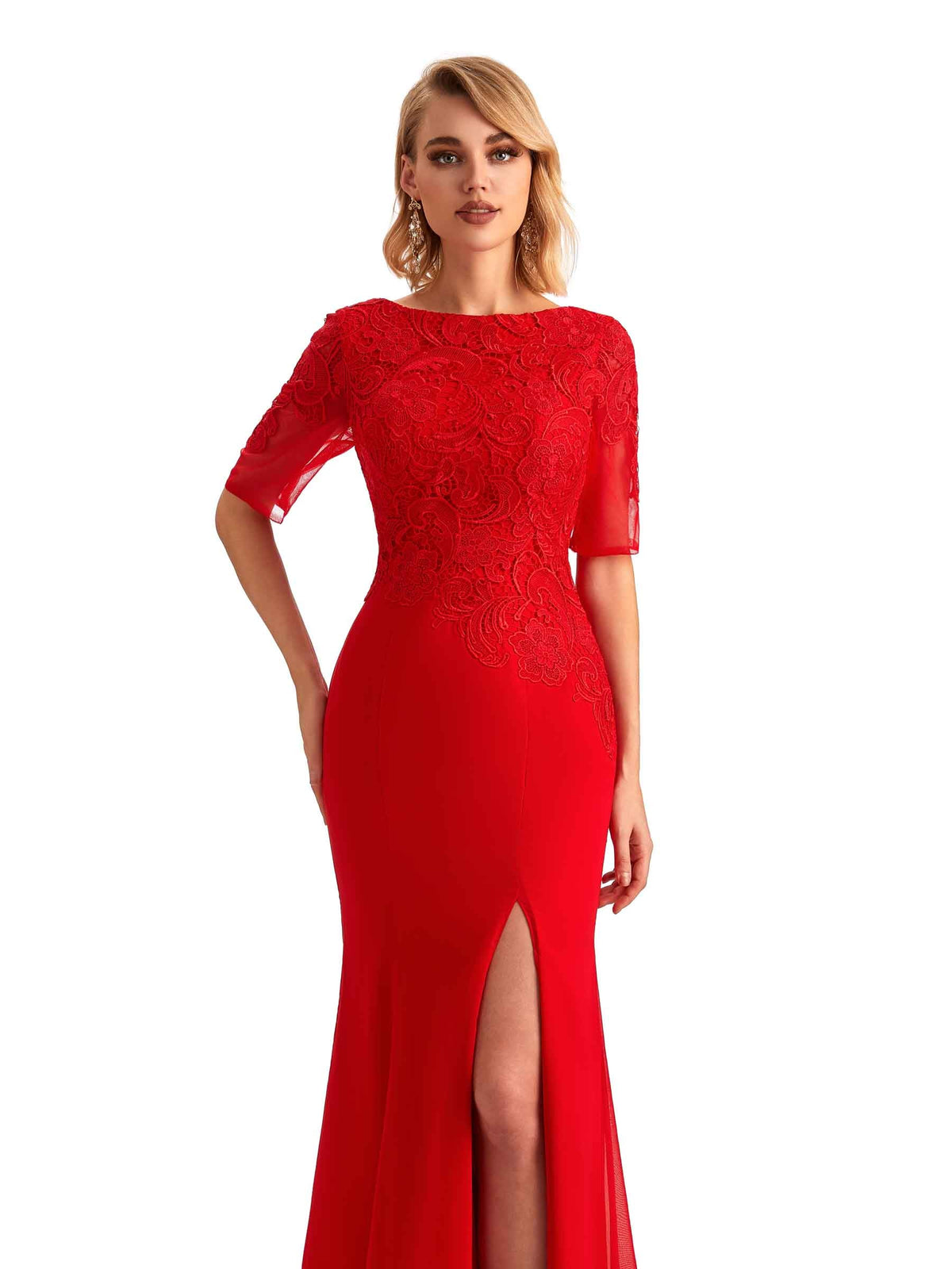 Elegant Mermaid Chiffon Side Slit Half Sleeves Lace Long Mother of the Brides Dresses Online