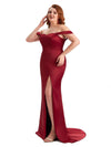Simple Side Slit Off The Shoulder Mermaid Soft Satin Long Plus Size Maid of Honor Dresses