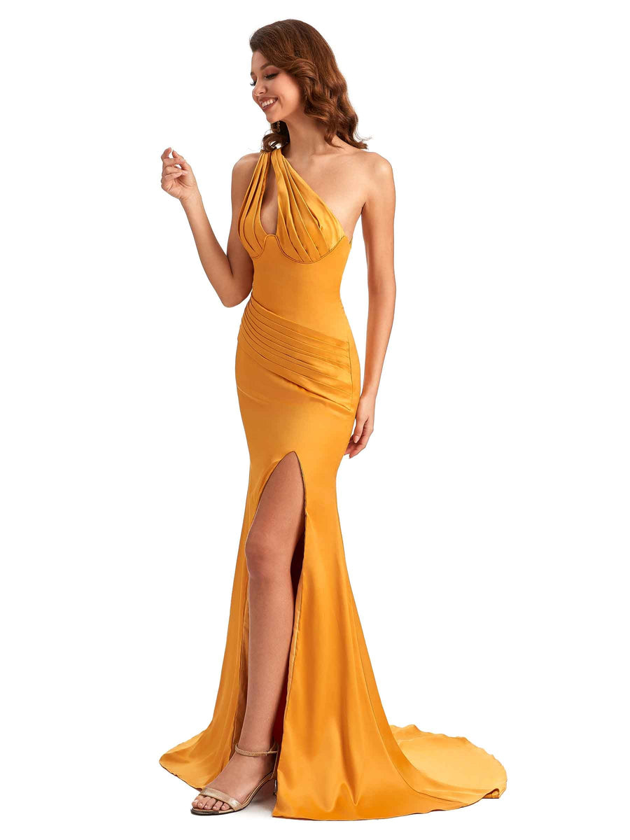 Elegant One Shoulder Mermaid Popular Side-Slit Satin Unique Satin Maxi Dress