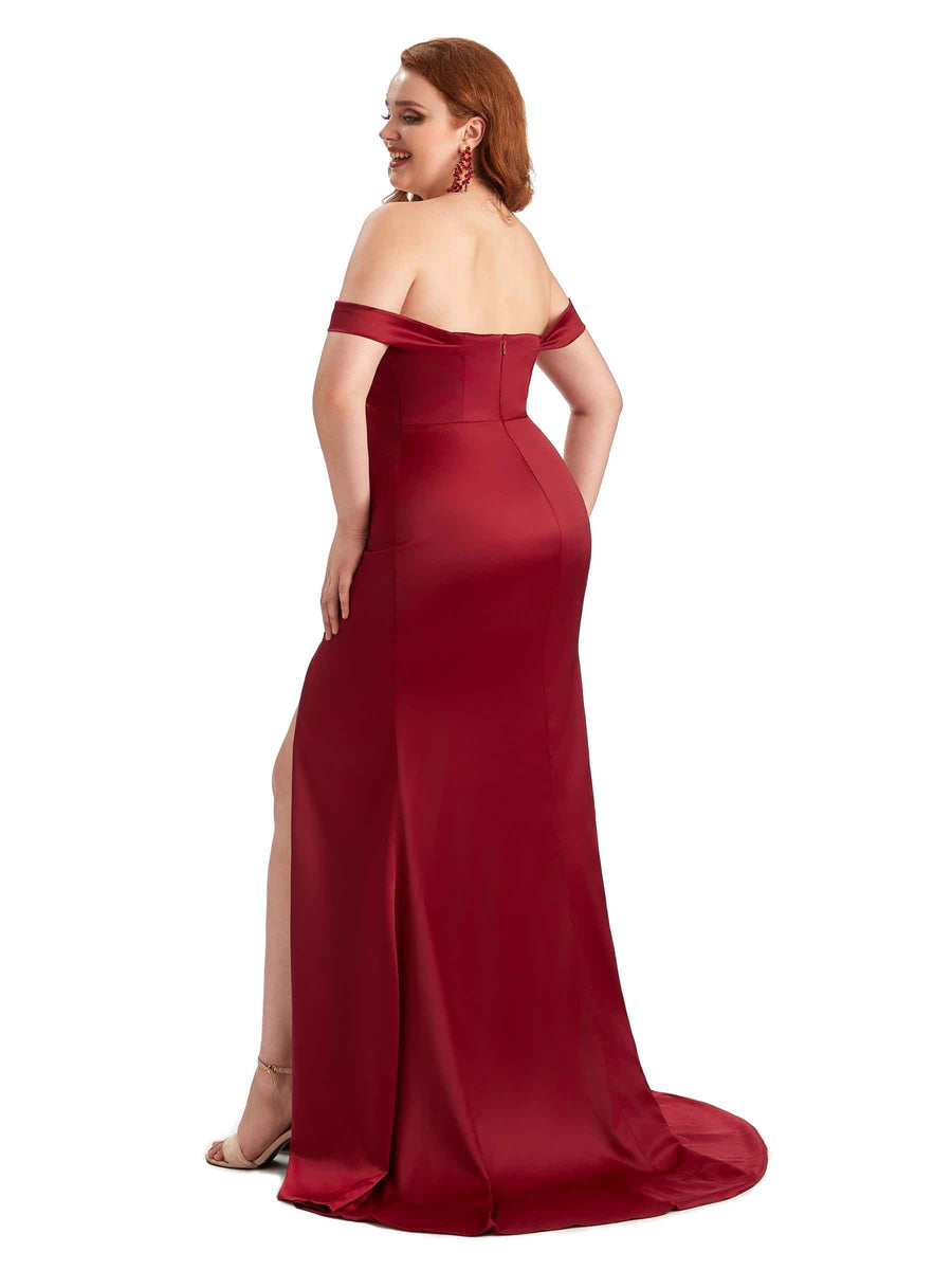 Simple Side Slit Off The Shoulder Mermaid Soft Satin Long Plus Size Maid of Honor Dresses