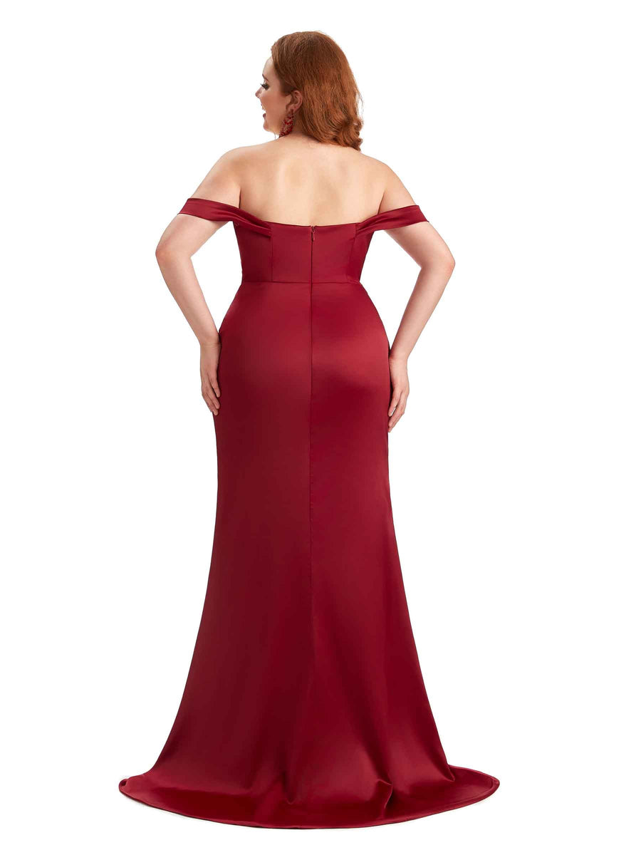 Simple Side Slit Off The Shoulder Mermaid Soft Satin Long Plus Size Maid of Honor Dresses