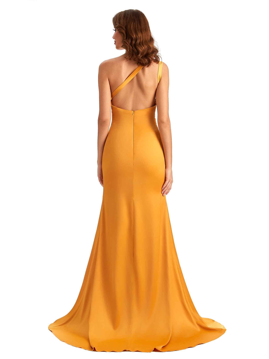 Elegant One Shoulder Mermaid Popular Side-Slit Satin Unique Satin Maxi Dress
