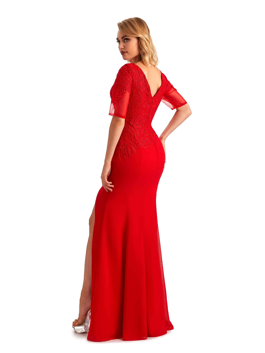 Elegant Mermaid Chiffon Side Slit Half Sleeves Lace Long Mother of the Brides Dresses Online