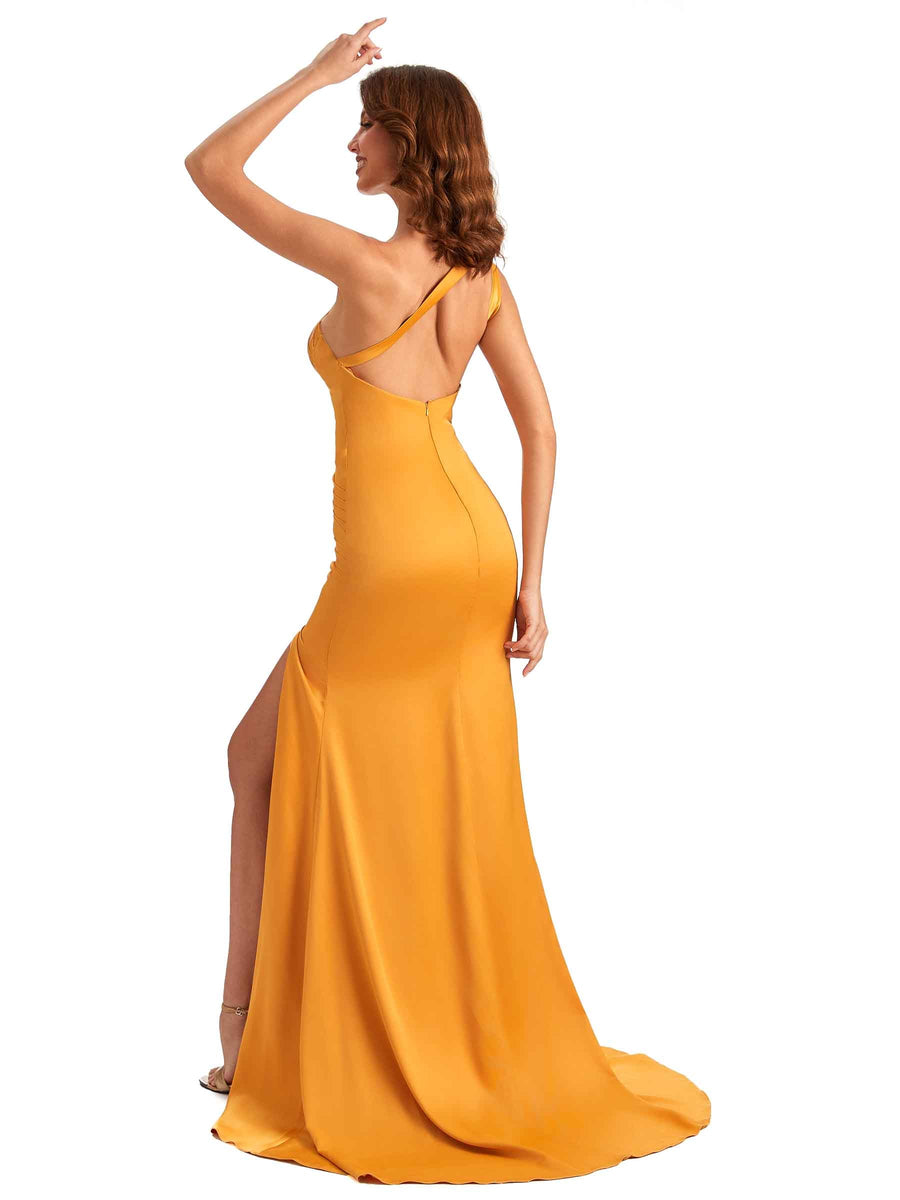 Elegant One Shoulder Mermaid Popular Side-Slit Satin Unique Satin Maxi Dress