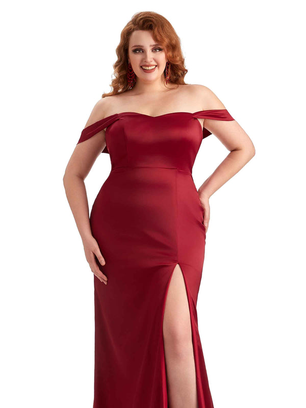 Simple Side Slit Off-Shoulder Mermaid Soft Satin Long Plus Size Maid of