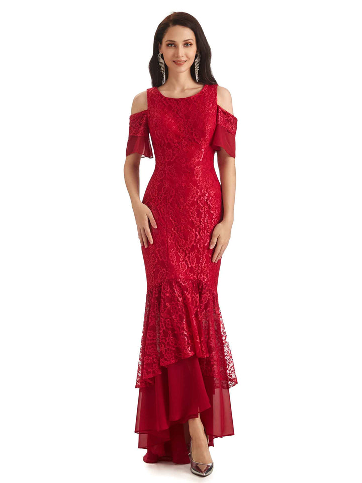 Sexy Mermaid Cold Shoulder High Low Lace Mother of The Bride Dresses