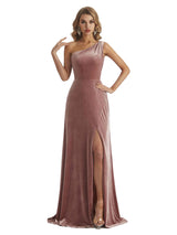 Elegant Mermaid One Shoulder Side Slit Velvet Long Wedding Guest Dresses