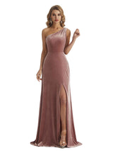 Elegant Mermaid One Shoulder Side Slit Velvet Long Wedding Guest Dresses