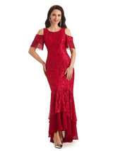 Sexy Mermaid Cold Shoulder High Low Lace Mother of The Bride Dresses
