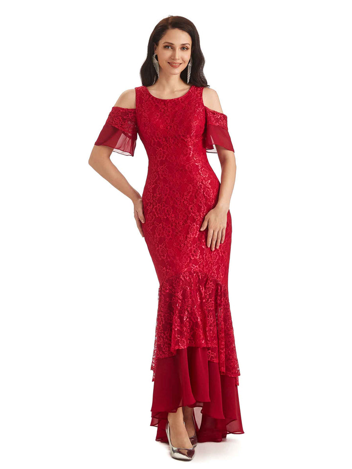 Sexy Mermaid Cold Shoulder High Low Lace Mother of The Bride Dresses