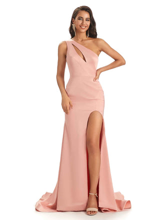 Sexy Satin Side Slit One Shoulder Long Mermaid Prom Dresses With Slit Online