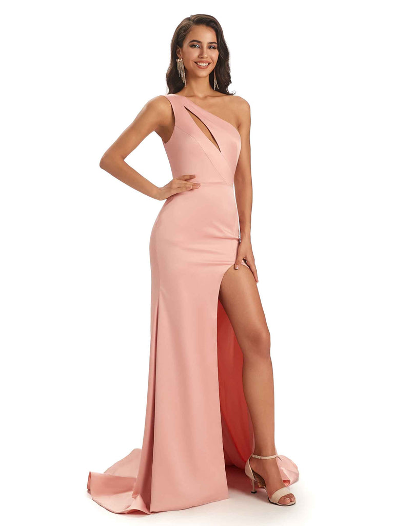 Sexy Satin One Shoulder Long Mermaid Formal Prom Dresses With Slit Online Sale