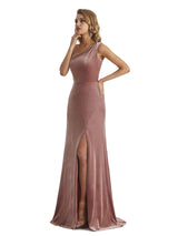 Elegant Mermaid One Shoulder Side Slit Velvet Long Wedding Guest Dresses