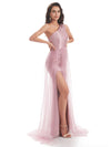 Sexy One Shoulder Soft Satin Mermaid Side Slit Tulle Evening Gown For Wedding Guest