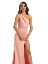 Sexy Soft Satin Side Slit One Shoulder Maxi Long Mermaid Bridesmaid Dresses