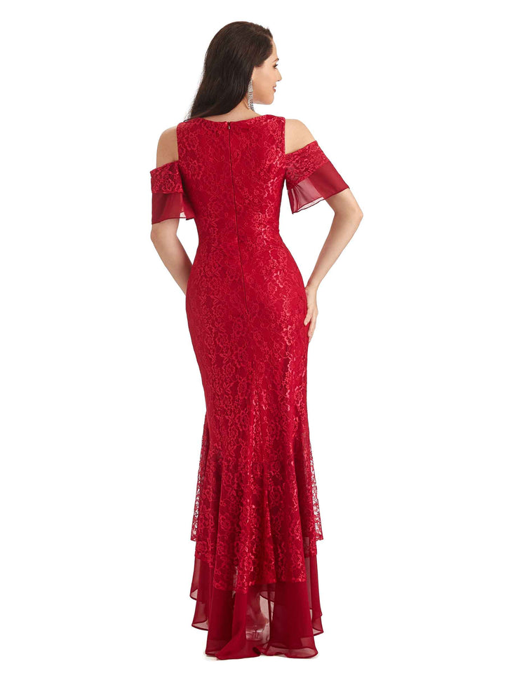 Sexy Mermaid Cold Shoulder High Low Lace Mother of The Bride Dresses