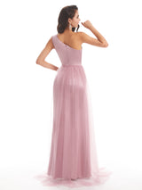 Sexy One Shoulder Soft Satin Mermaid Side Slit Tulle Mermaid Bridesmaid Dresses Online
