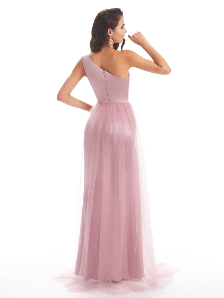 Sexy One Shoulder Soft Satin Mermaid Side Slit Tulle Mermaid Bridesmaid Dresses Online