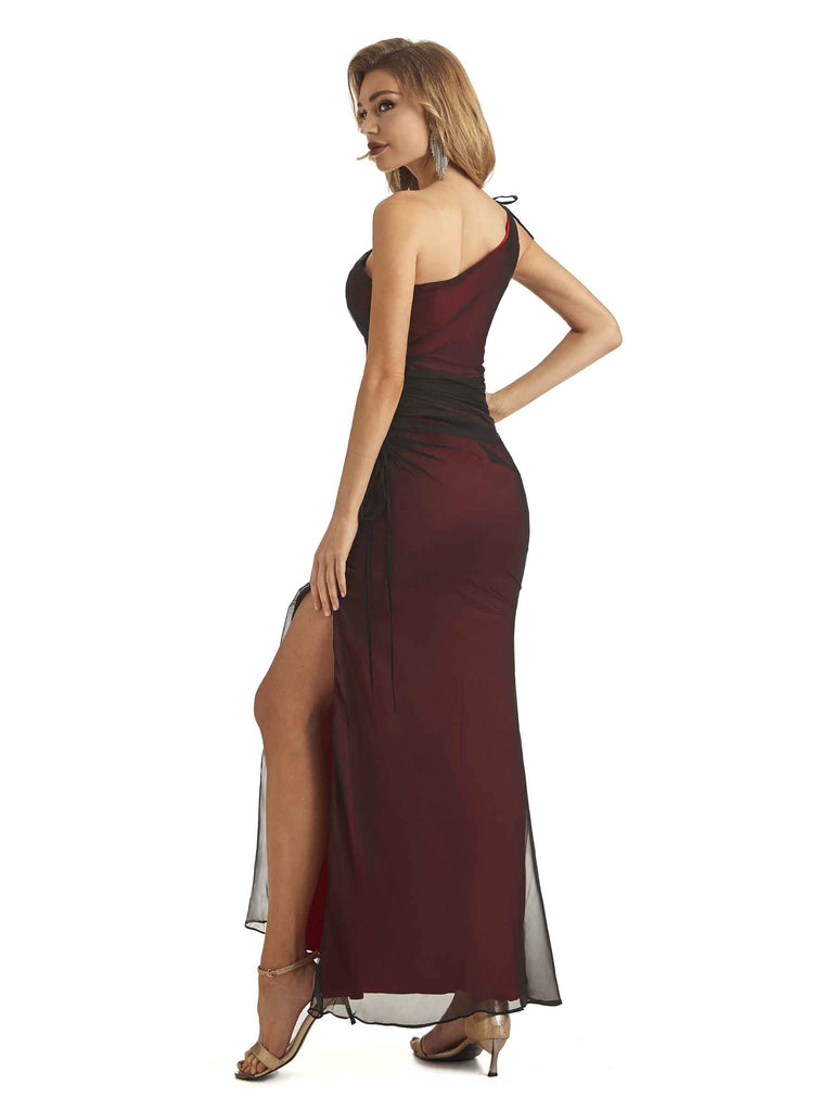 Sexy Red Black Sheath One Shoulder Side Slit Floor-length Long Party Prom Dresses