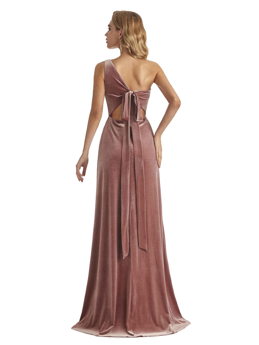 Elegant A-line One Shoulder Side Slit Velvet Long Bridesmaid Dresses