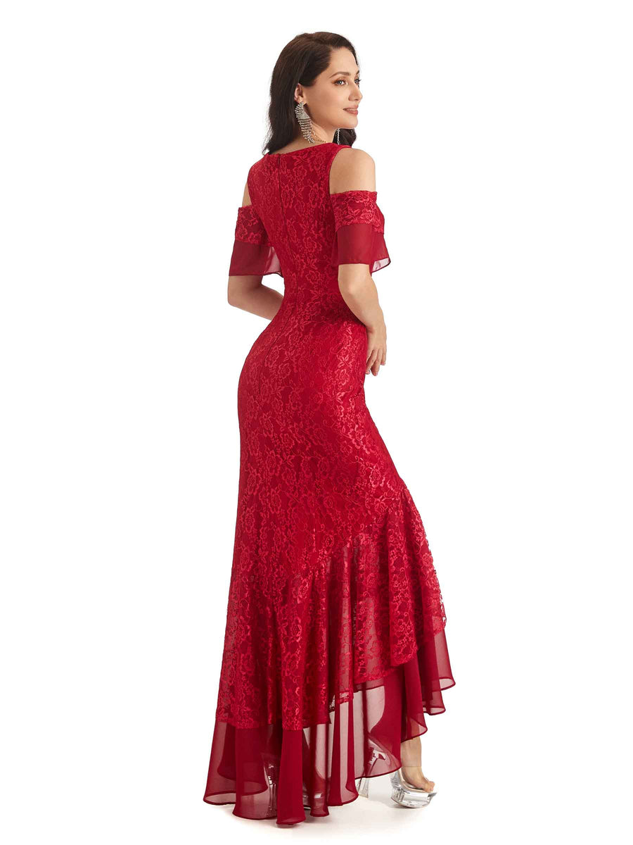 Sexy Mermaid Cold Shoulder High Low Lace Mother of The Bride Dresses
