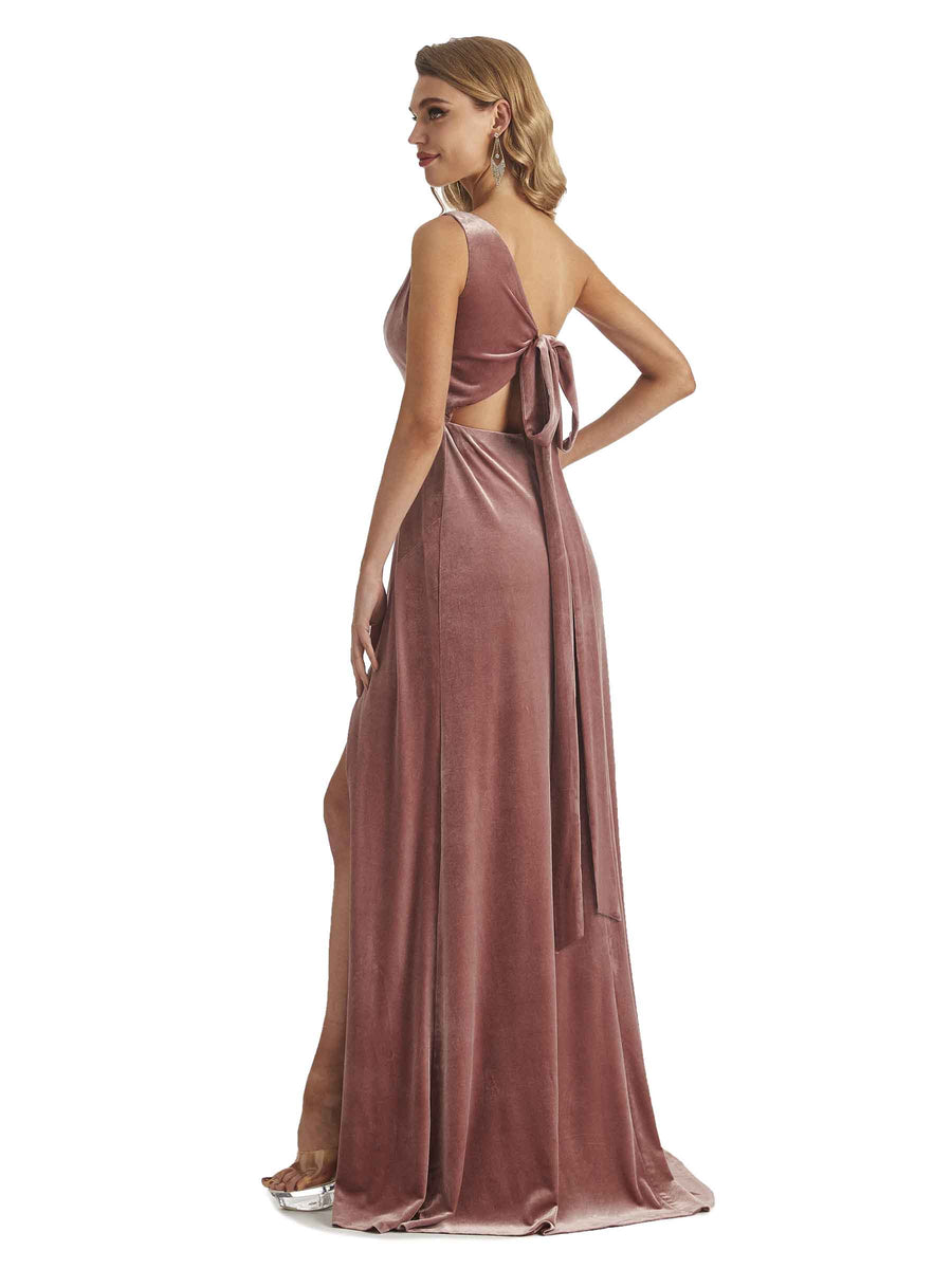 Elegant A-line One Shoulder Side Slit Velvet Long Bridesmaid Dresses